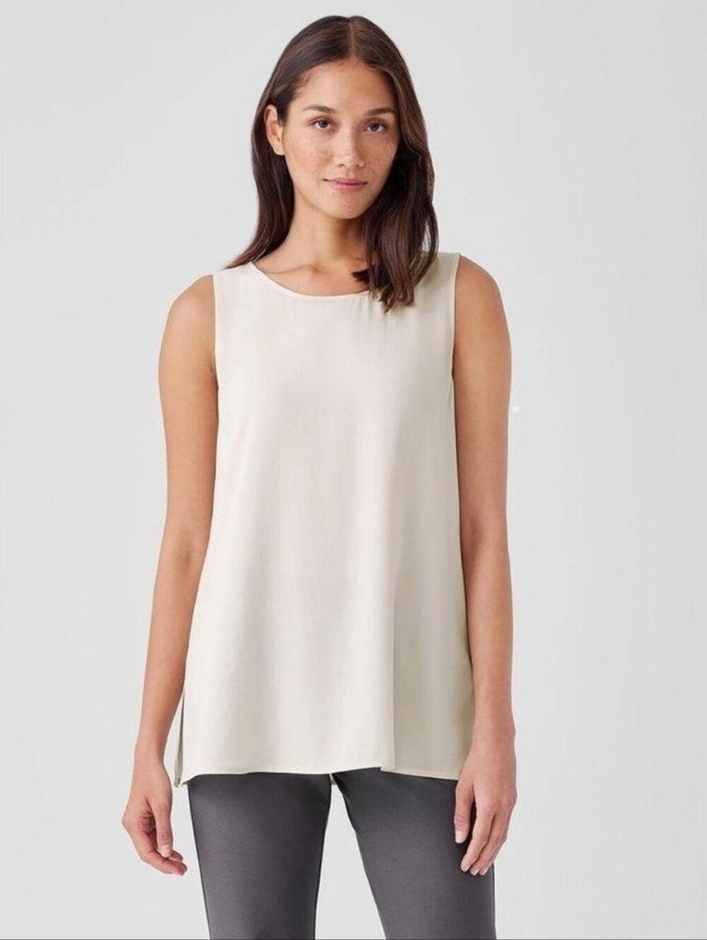 Eileen Fisher 100% Silk Georgette Crepe Ballet Neck Long Tank Bone NWOT Large